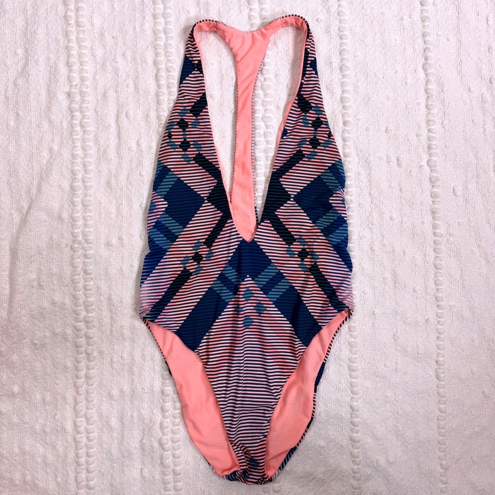 The Bikini Lab Blue Coral Geometric Chevron Plunge Neck Swimsuit Medium